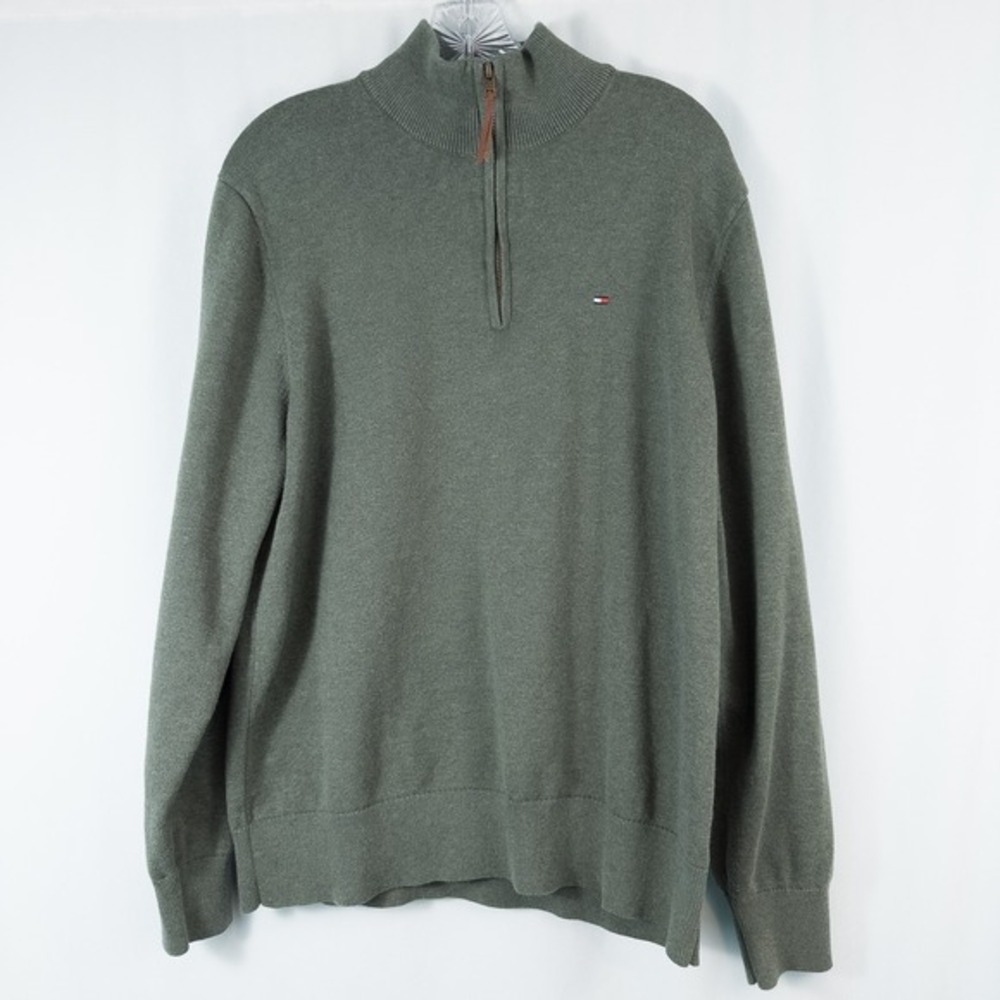 Tommy Hilfiger 100% Cotton 1/4 Zip‎ Pullover Sweater Mens XL Green Preppy Golf